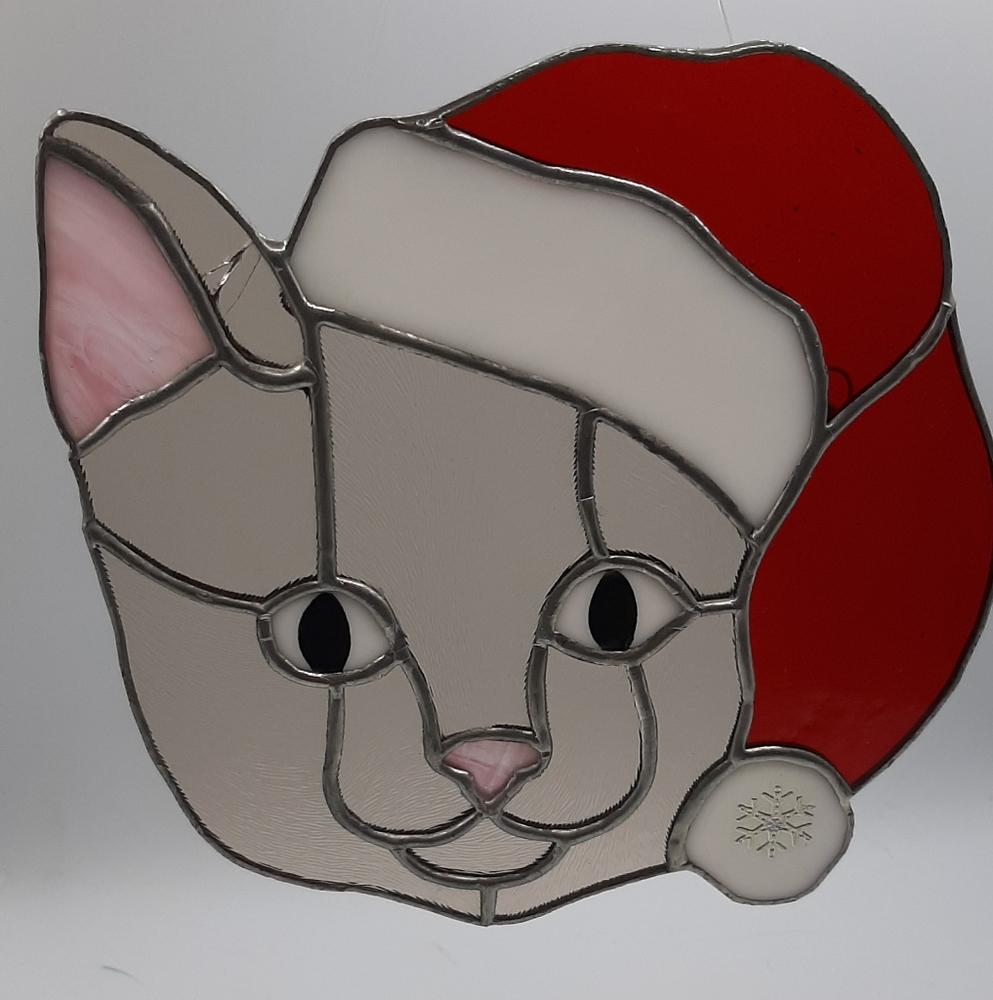 Vintage Stained Glass Christmas Cat 6 1/2 x 7" Window Sun Catcher Handmade